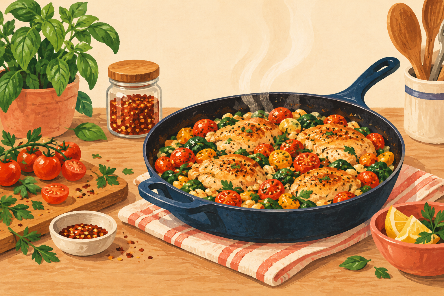 Skillet dinner with pantry staples and fresh herbs