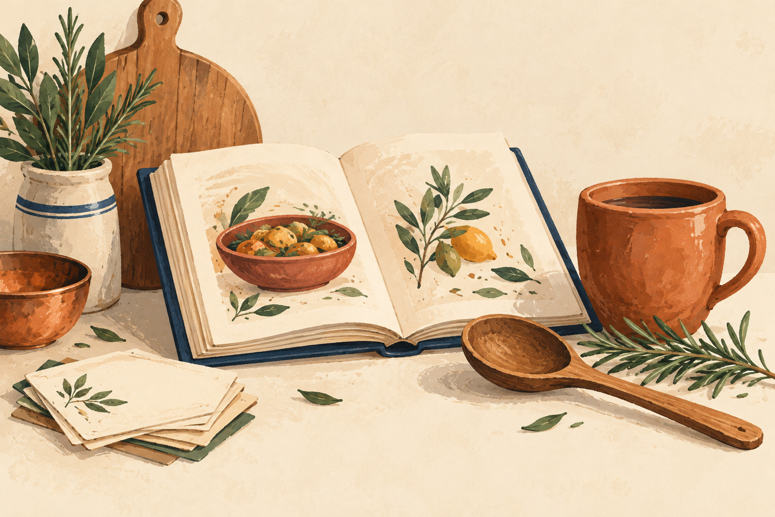 Open cookbook with herbs and kitchen tools