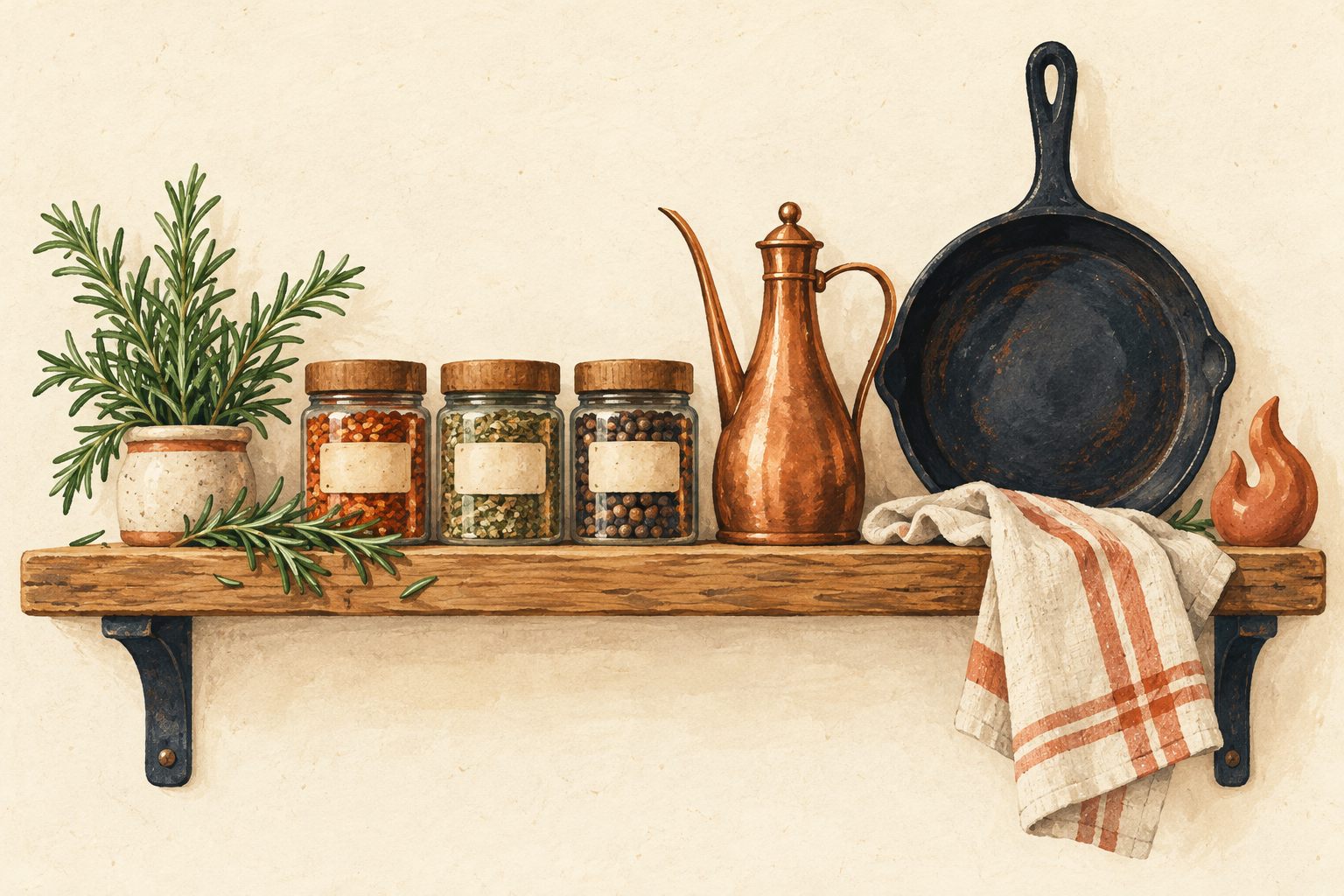 Kitchen shelf with spices, cast iron, and herbs