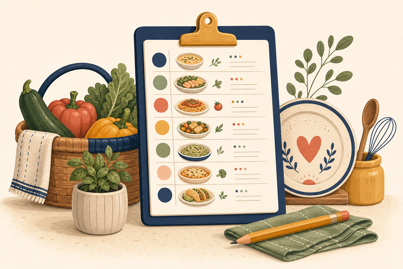 Illustrated weekly dinner planner with grocery basket and kitchen tools